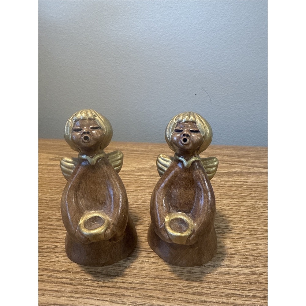 2 Vintage‎ Italian Art Pottery THUN Bolzano Singing ANGEL Candle Holder GOLD